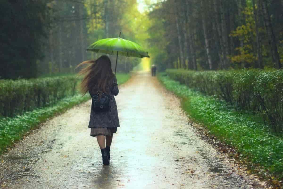 girl walking in the rain with an umbrella