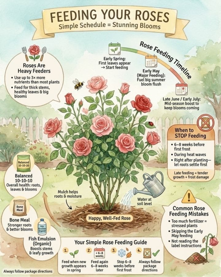 Infographic showing rose fertilizing schedule with three annual feeding times and application methods
