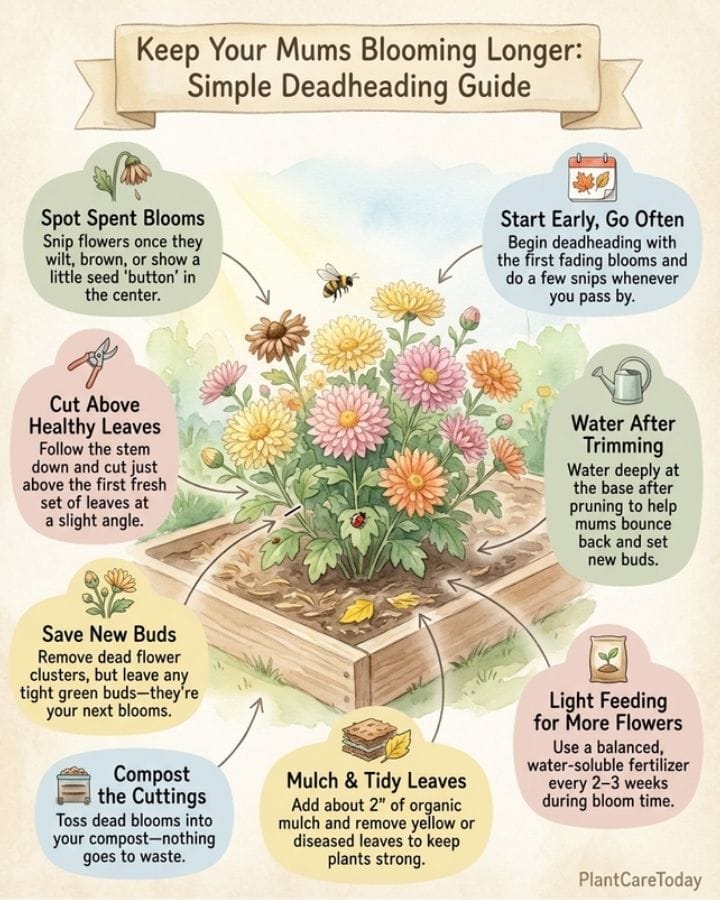Chrysanthemum deadheading infographic showing pruning technique steps and timing for extended blooms