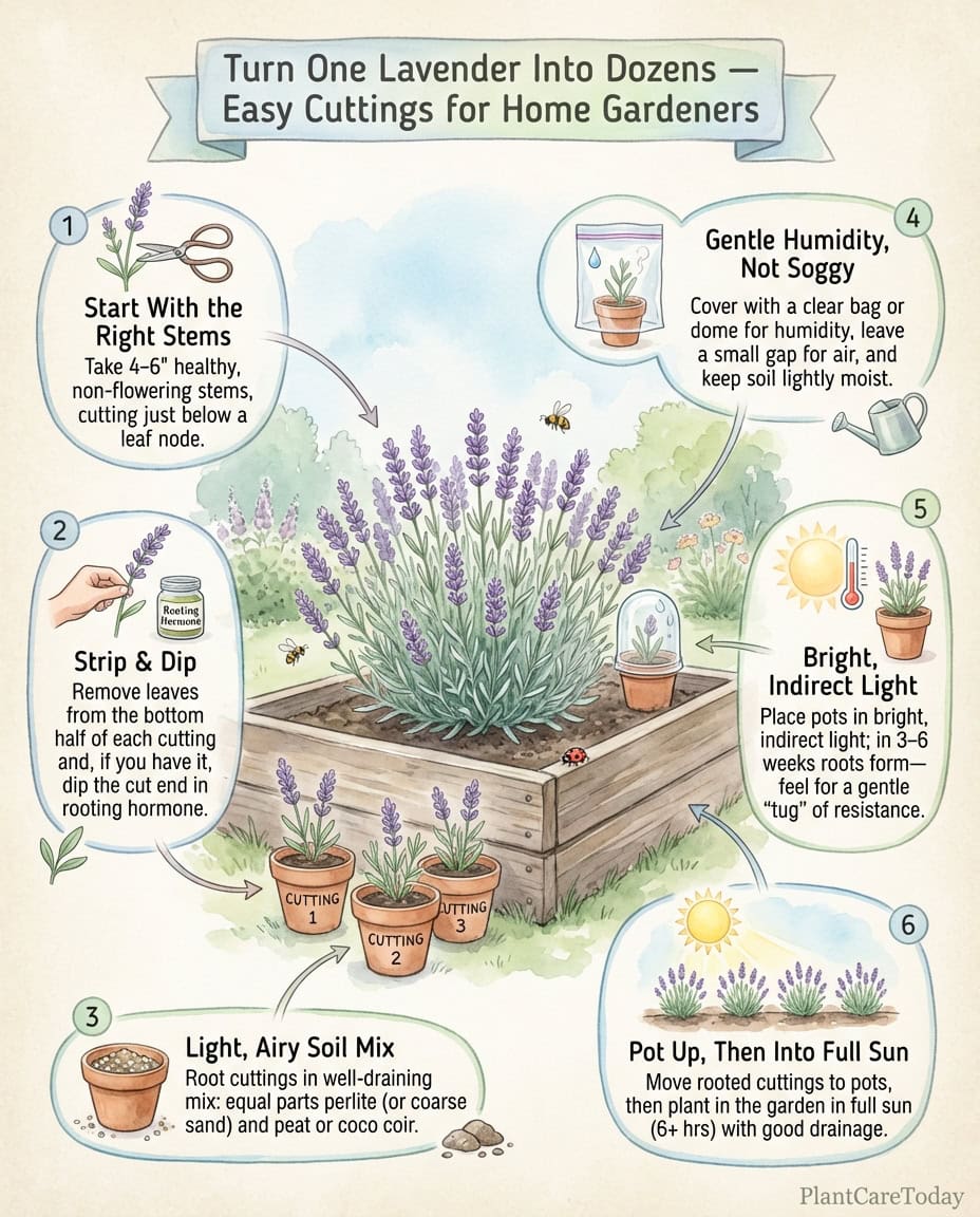 Lavender propagation infographic showing water method steps with root development stages illustrated