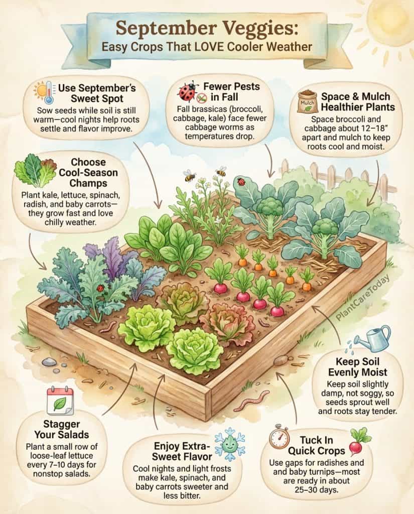 Infographic showing fall vegetable planting guide with September crop options and growing conditions