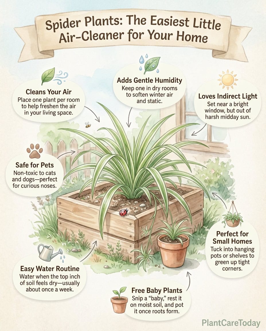 Infographic displaying spider plant air purification data with pollutant removal rates and coverage area