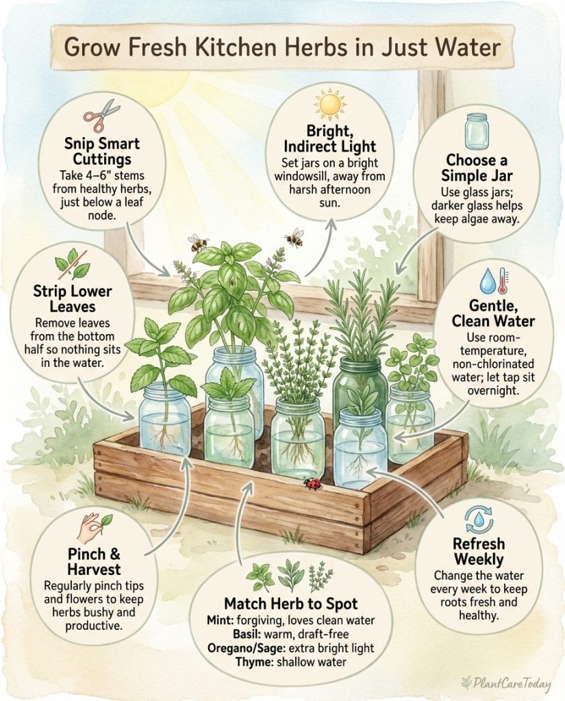 Infographic showing water propagation method for growing grocery store herbs in glass jars indoors