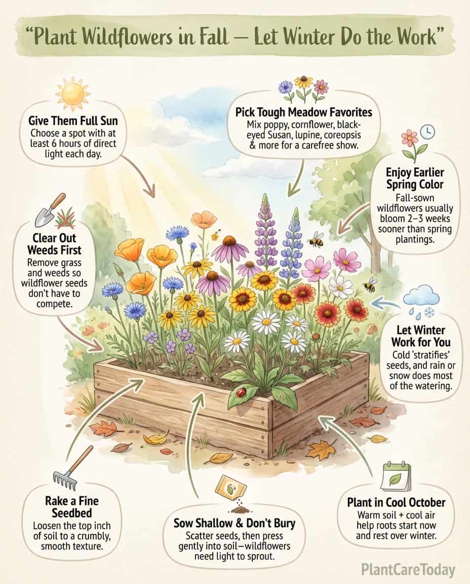 Wildflower meadow infographic showing fall planting timeline and cold stratification process steps