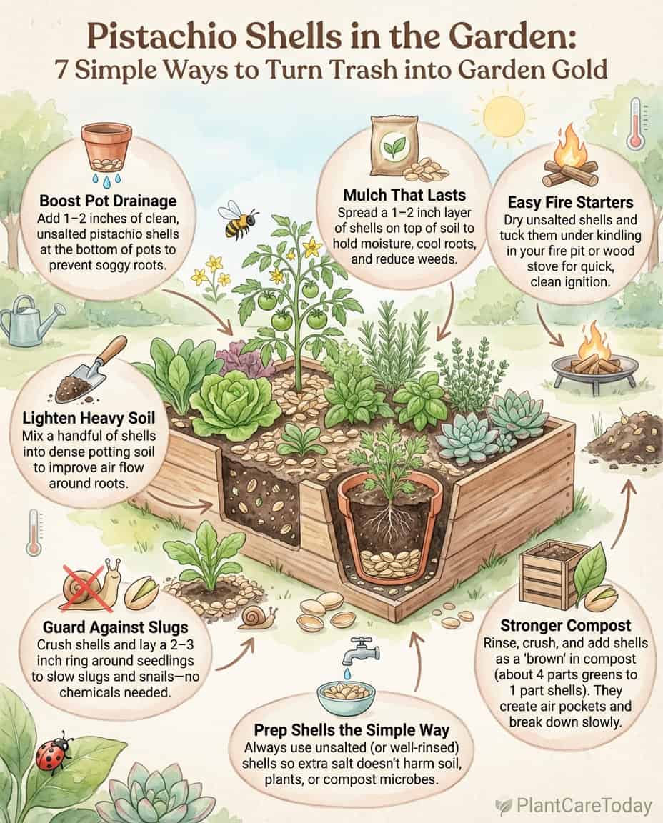 Infographic displaying pistachio shell garden uses including drainage, pest control, and mulch applications