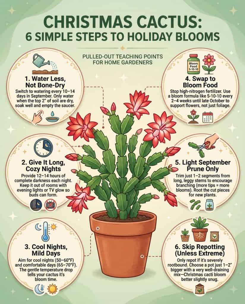 Christmas cactus bloom preparation infographic showing September care steps and light requirements