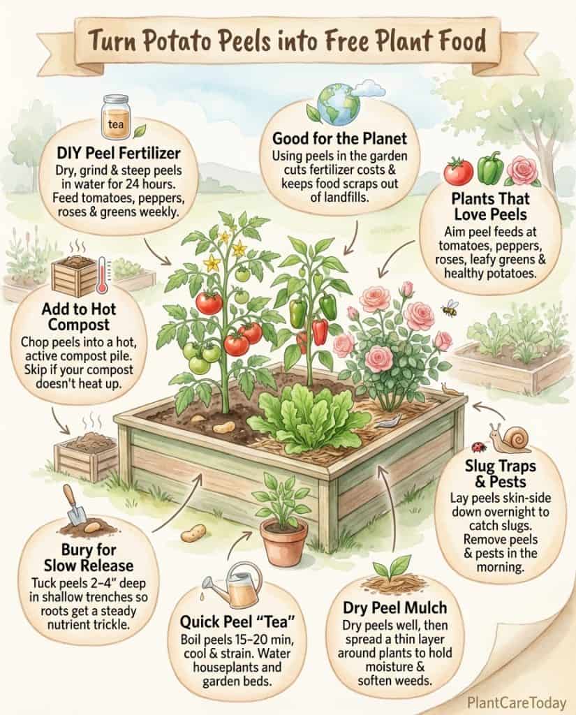C_10073_ye3u0_potato-peel-garden-fertilizer-f1 Infographic showing six methods for using potato peels as garden fertilizer with step-by-step visuals