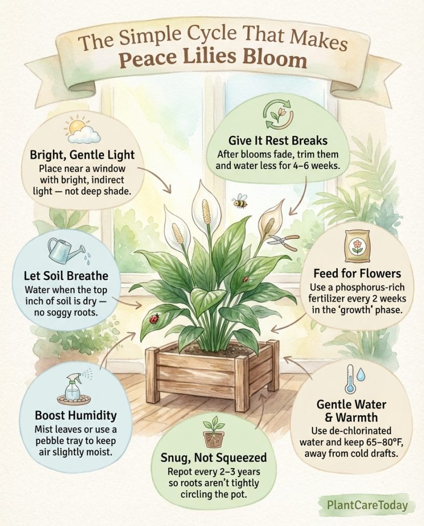 Peace lily blooming infographic showing care adjustment techniques that trigger flower production