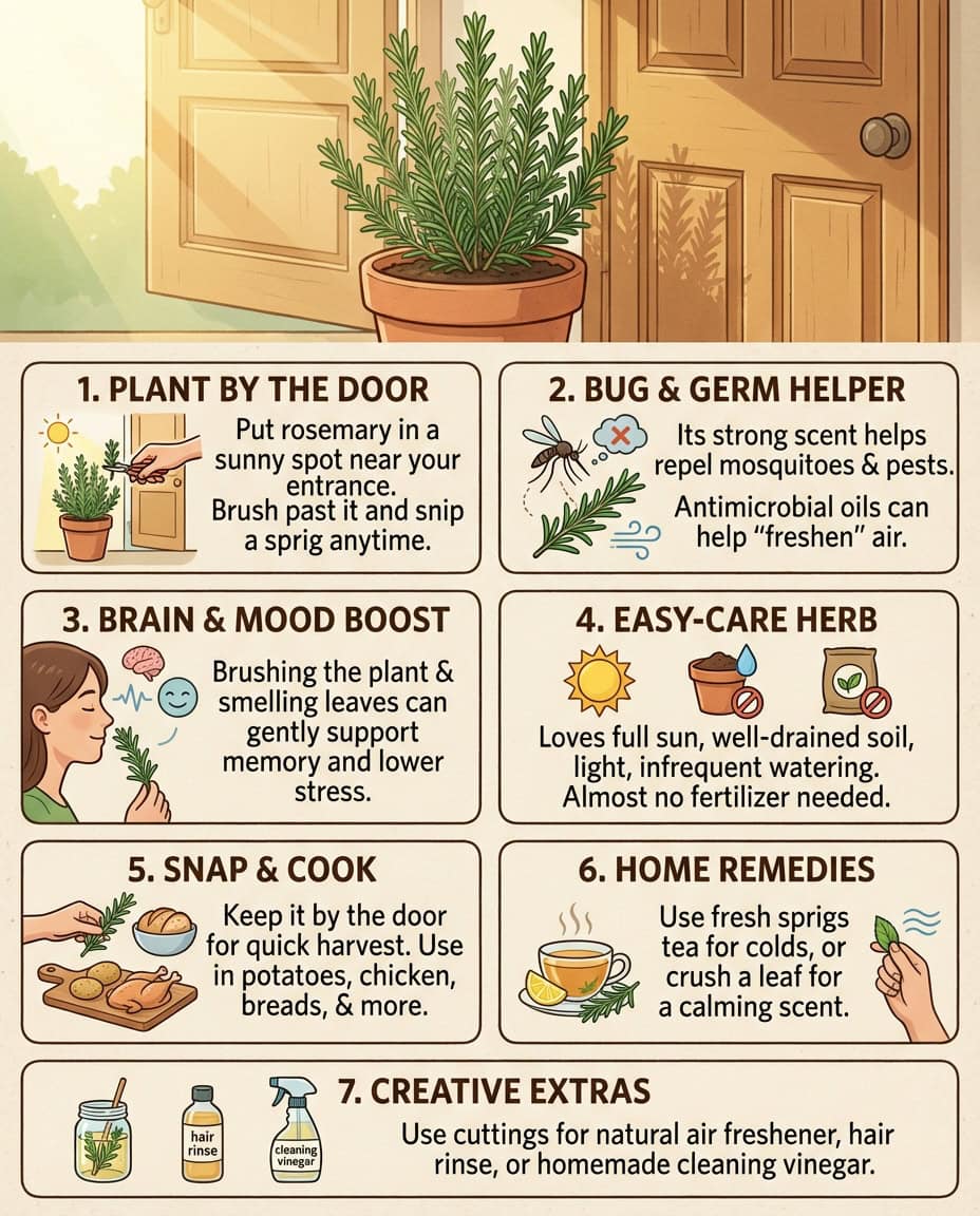 Rosemary placement infographic showing front door planting benefits with historical and modern uses