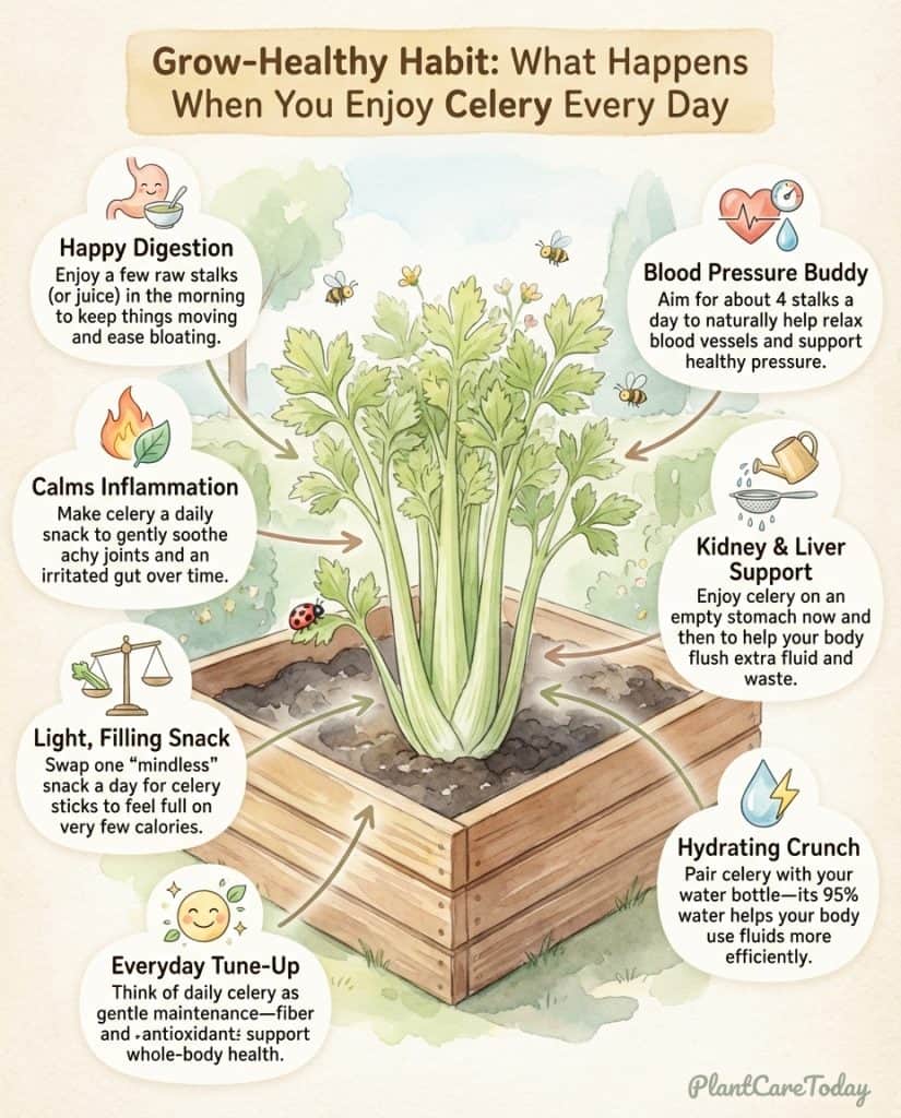 Infographic showing celery health benefits with body system diagrams and daily consumption effects