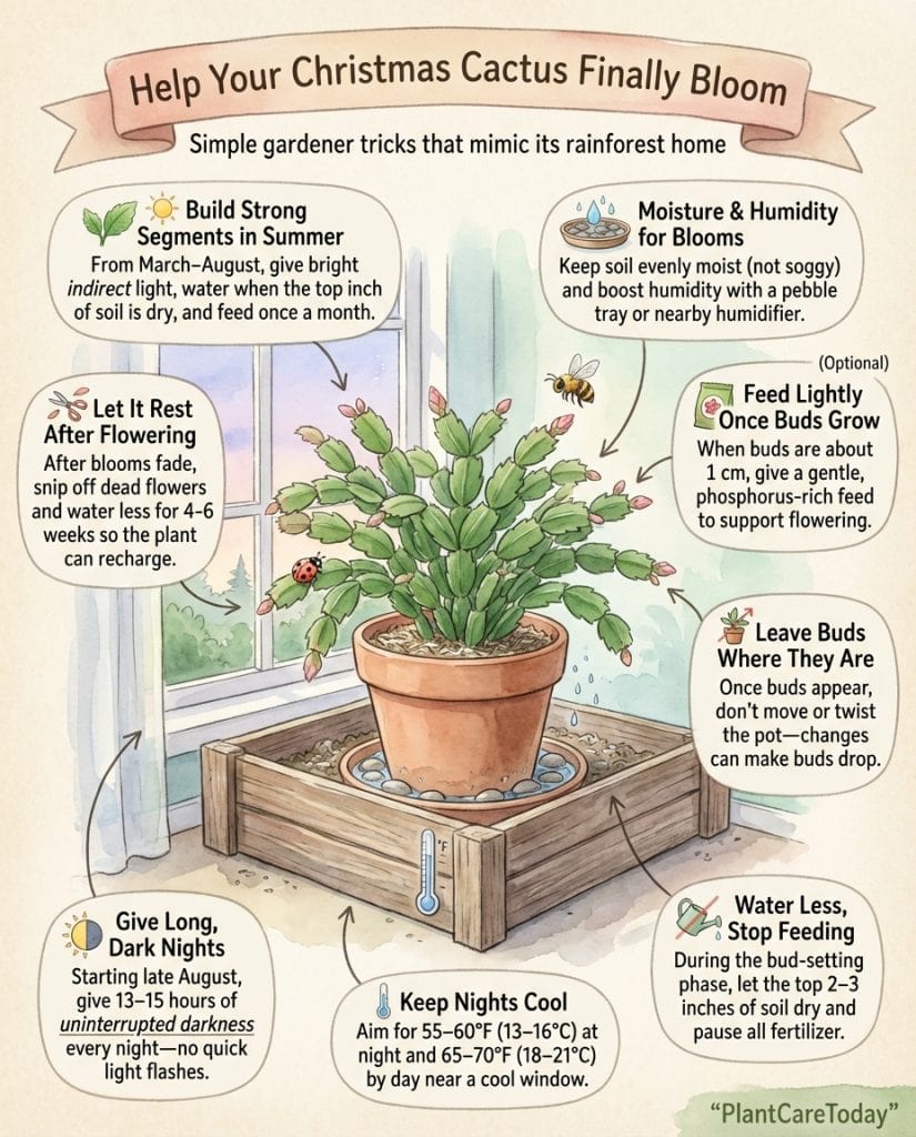 C_10089_Uavgb_christmas-cactus-early-bloom-tricks-f1 Infographic showing Christmas cactus flowering triggers with care timeline and environmental conditions
