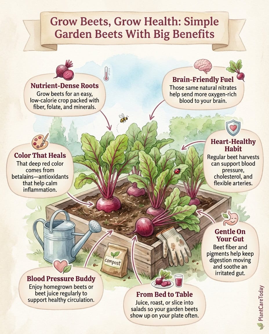 Beetroot health benefits infographic showing nutritional breakdown and body system effects