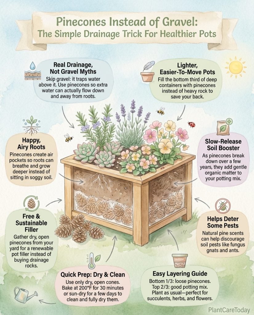 C_10091_Laek6_pinecones-replace-gravel-planters-f1 Infographic comparing drainage methods in potted plants showing gravel versus pinecone alternatives