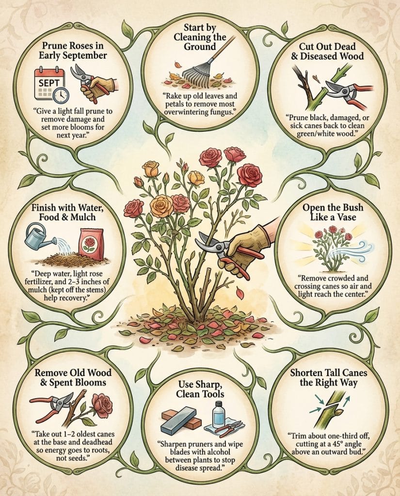 Infographic showing September rose pruning techniques with step-by-step trimming illustrations