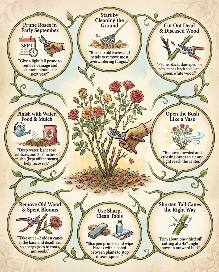 Infographic showing September rose pruning techniques with step-by-step trimming illustrations