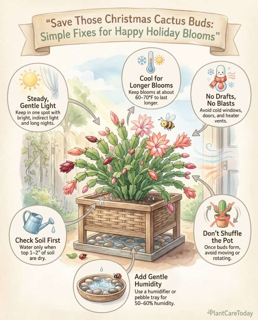 Christmas cactus care infographic showing bud drop causes and proper growing conditions with plant diagrams