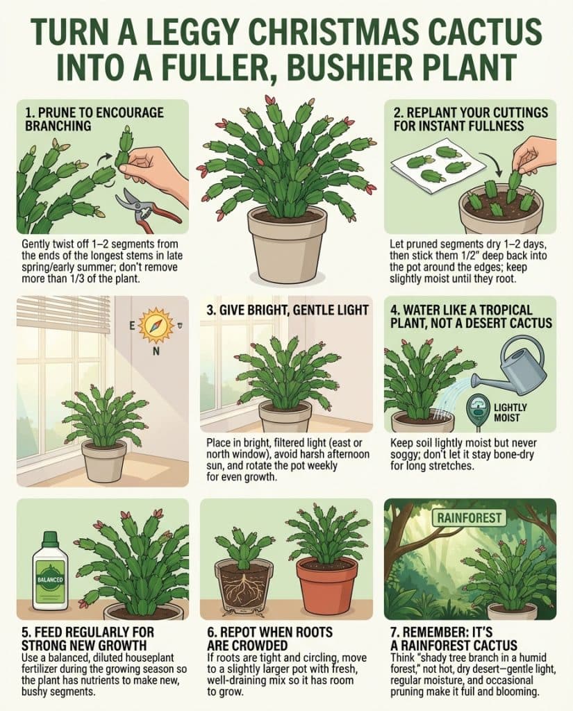 C_10104_DFOou_christmas-cactus-bushy-growth-secrets-f1 Infographic showing Christmas cactus pruning steps and care differences from desert cacti