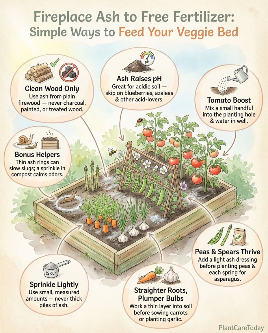 Infographic showing wood ash application methods for tomatoes and garlic with nutrient breakdown chart