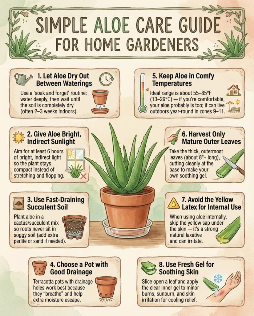 Aloe vera infographic showing plant care requirements and traditional medicinal uses with labeled diagrams