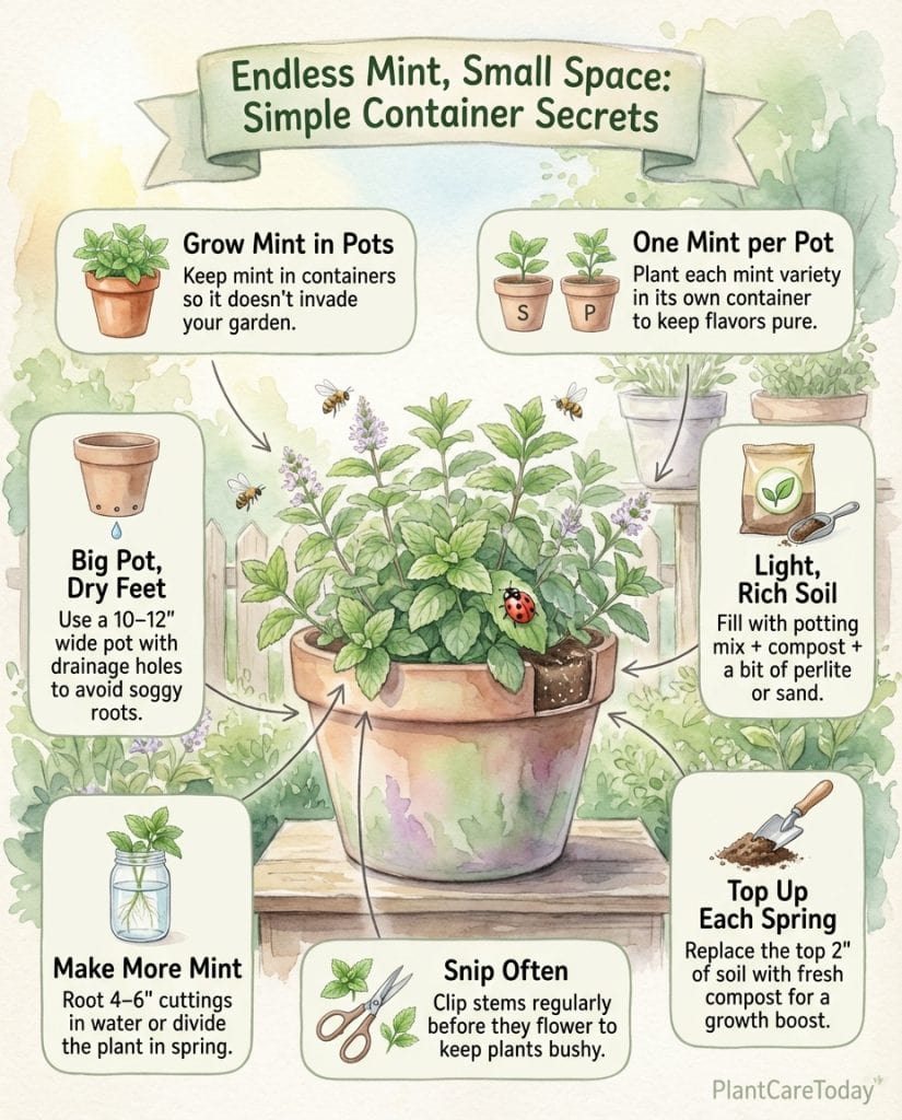 Infographic showing mint container growing methods with propagation steps and care instructions