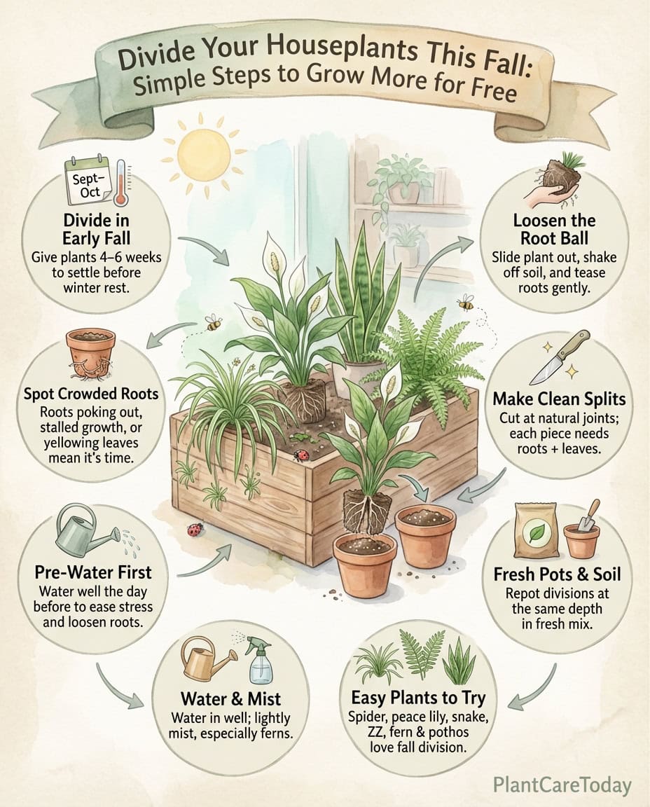 Houseplant division infographic showing fall timing benefits and root system comparison charts