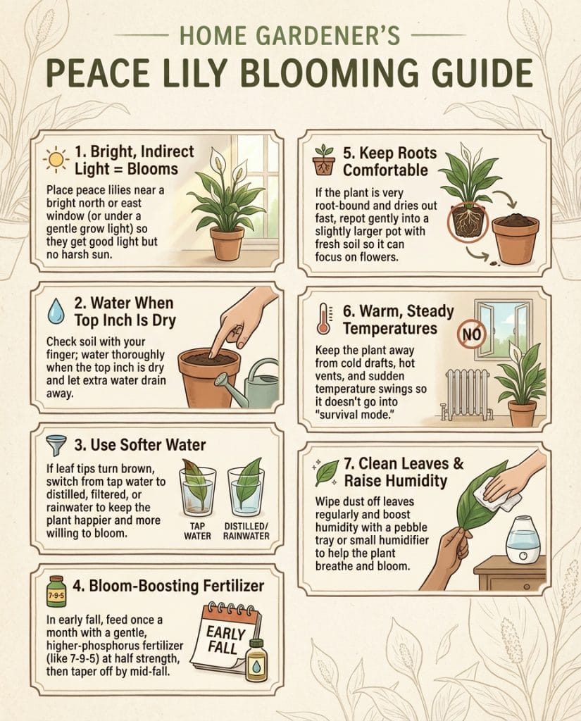 C_10111_iI7qC_peace-lily-bloom-triggers-f1 Infographic showing peace lily light requirements and bloom-triggering conditions with care adjustments