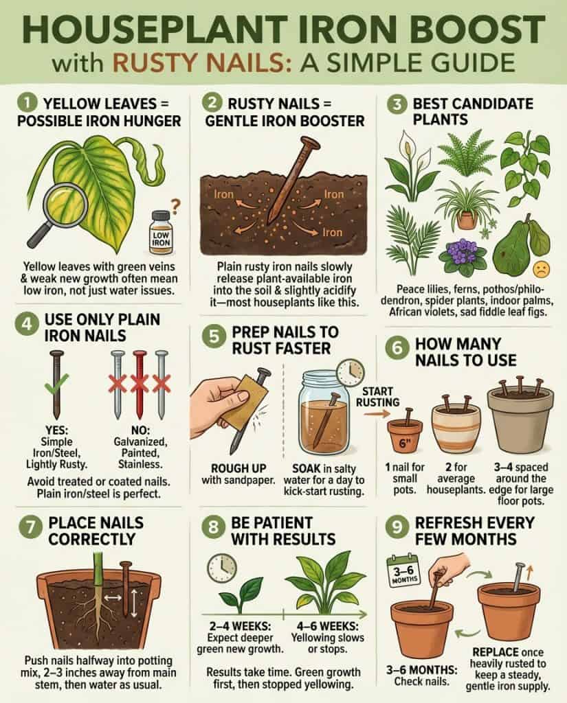 Infographic showing iron deficiency treatment for houseplants using rusty nails in soil with leaf comparison