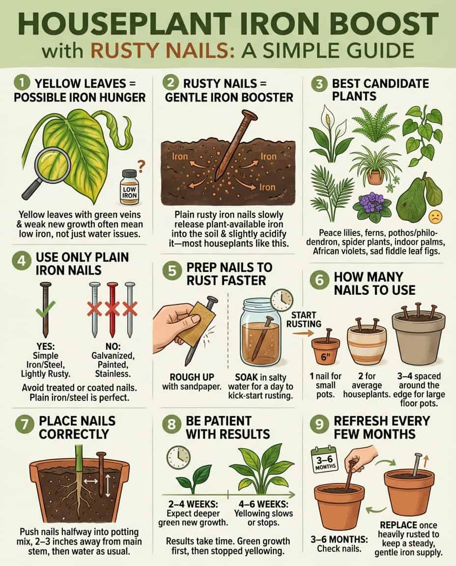 Infographic showing iron deficiency treatment for houseplants using rusty nails in soil with leaf comparison