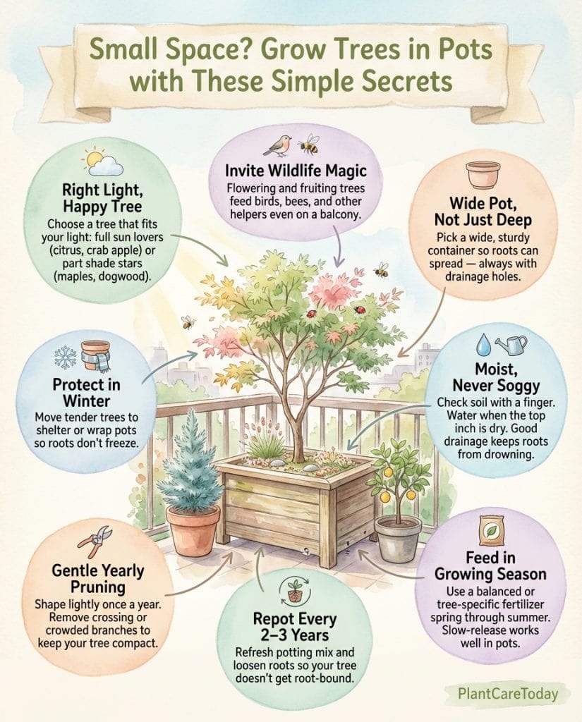 Container tree growing infographic showing nine dwarf and compact varieties suitable for pots and small spaces