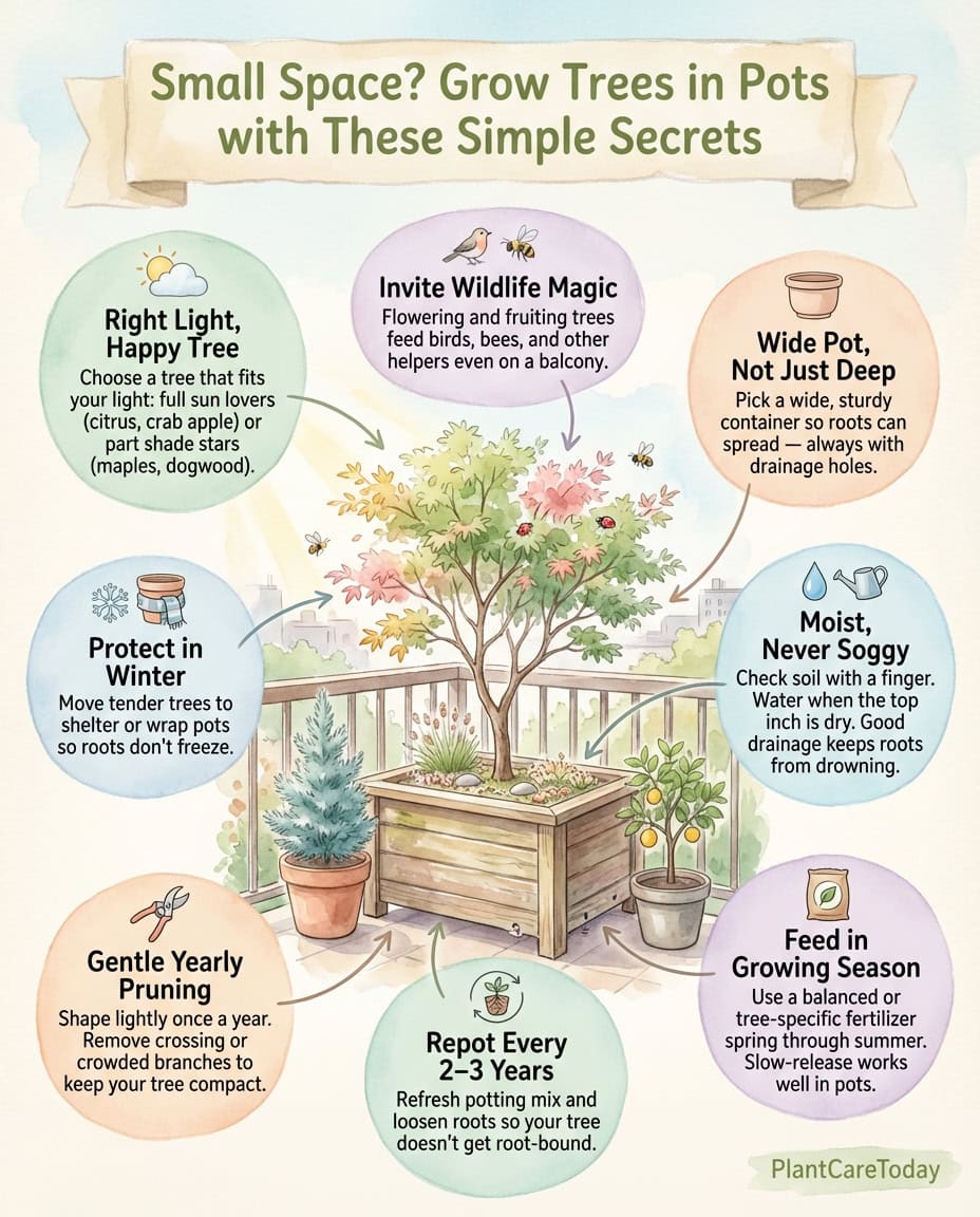 Container tree growing infographic showing nine dwarf and compact varieties suitable for pots and small spaces