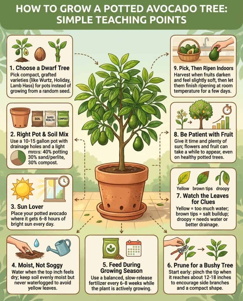 Infographic showing container avocado growing setup with dwarf variety options and pot sizing chart