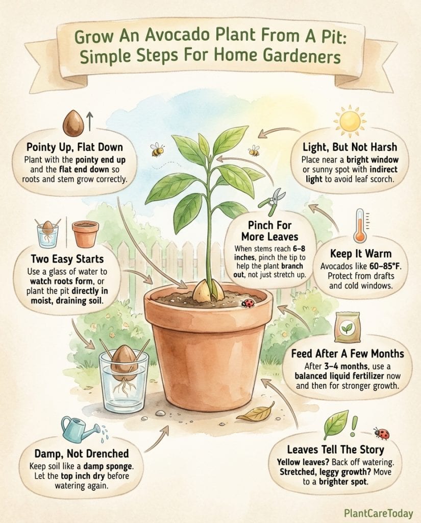 Avocado pit propagation infographic showing two growing methods with step-by-step visual instructions