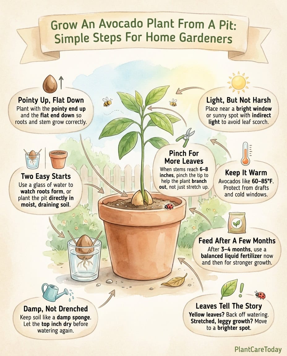 Avocado pit propagation infographic showing two growing methods with step-by-step visual instructions