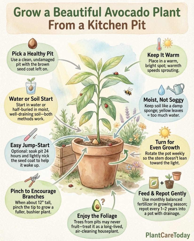 Infographic showing avocado pit propagation steps with root development stages and care tips