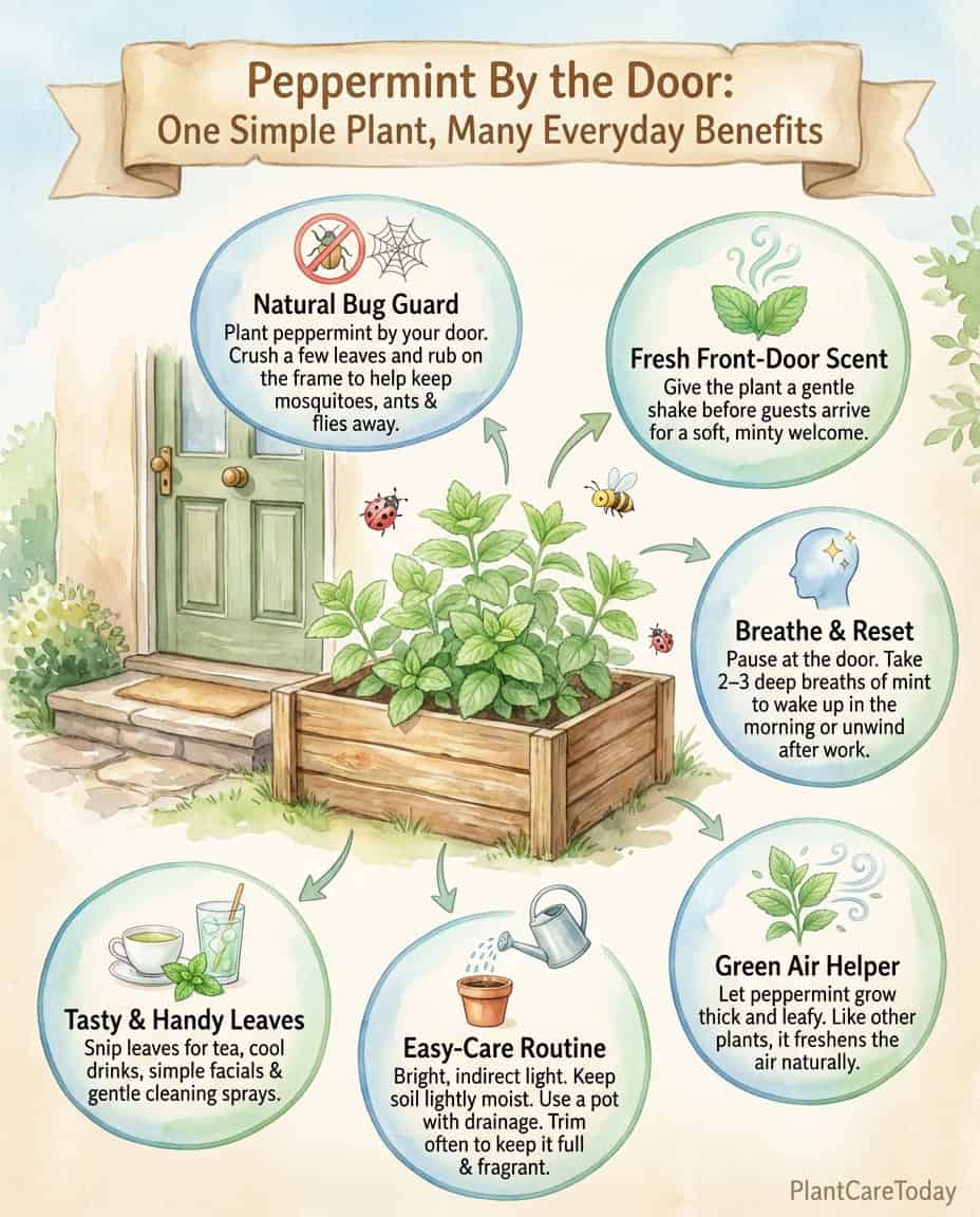 Peppermint plant infographic showing placement tips and natural pest repelling benefits with icons