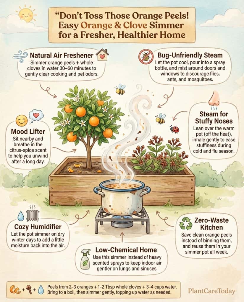 Infographic showing orange peel and clove home remedy with simmering steps and household uses