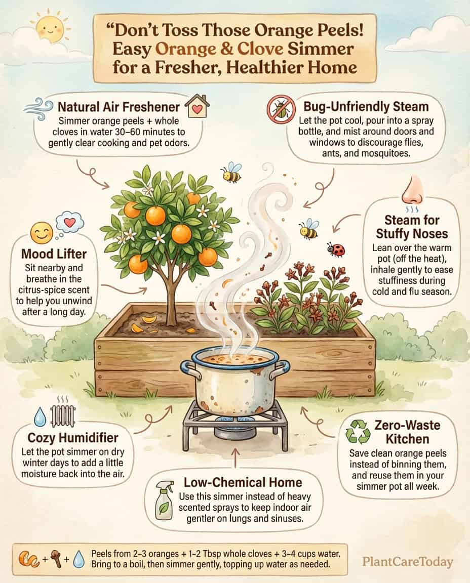Infographic showing orange peel and clove home remedy with simmering steps and household uses