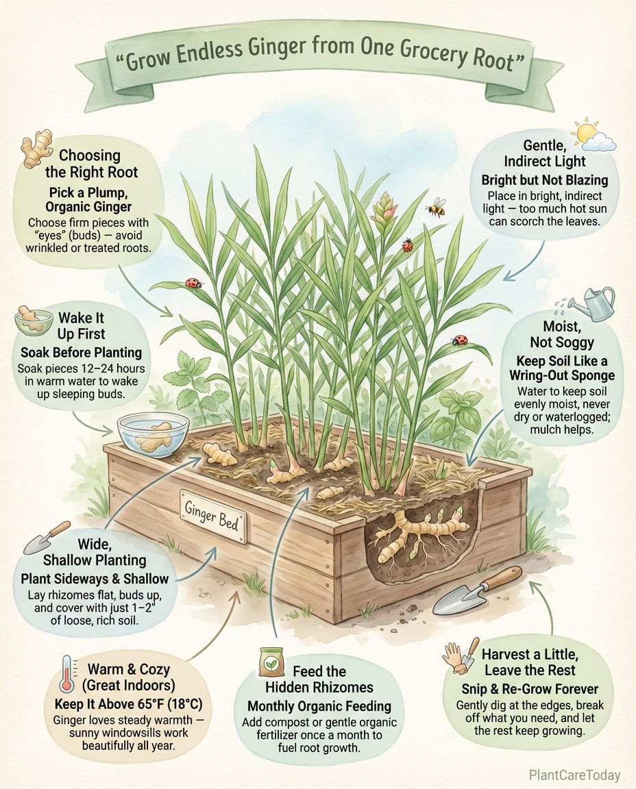 Infographic showing indoor ginger growing steps from grocery store rhizome to harvest on windowsill