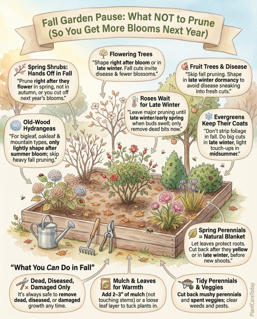 Infographic showing seven flowering plants that should not be pruned before winter with bud diagrams