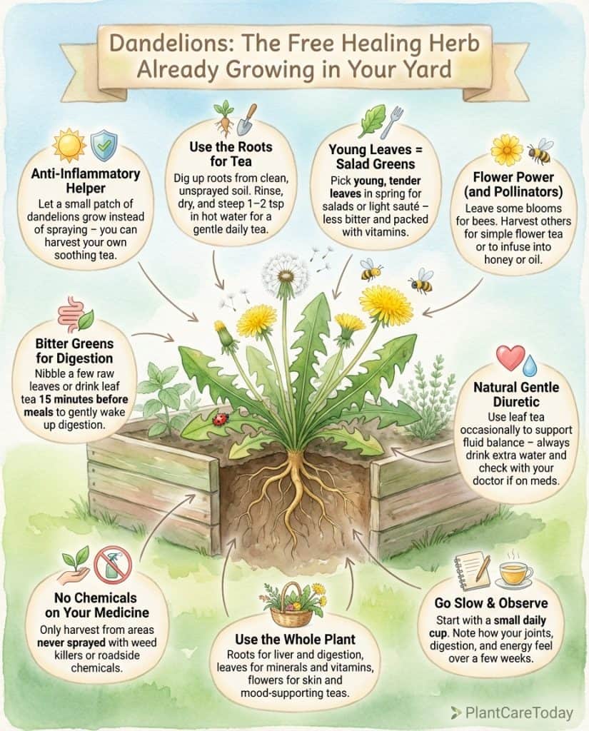Dandelion infographic showing edible and medicinal uses for roots, leaves, and flowers with anatomical diagram