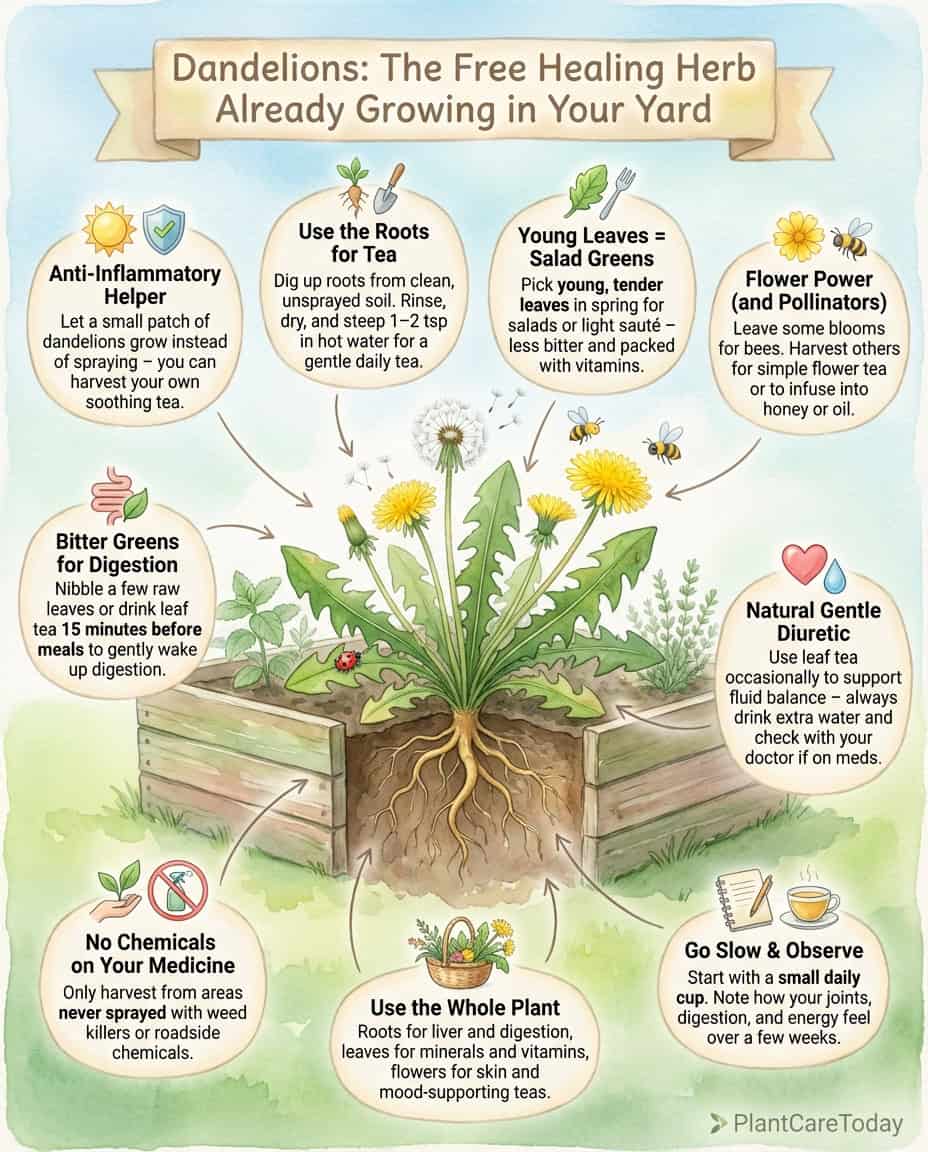 Dandelion infographic showing edible and medicinal uses for roots, leaves, and flowers with anatomical diagram