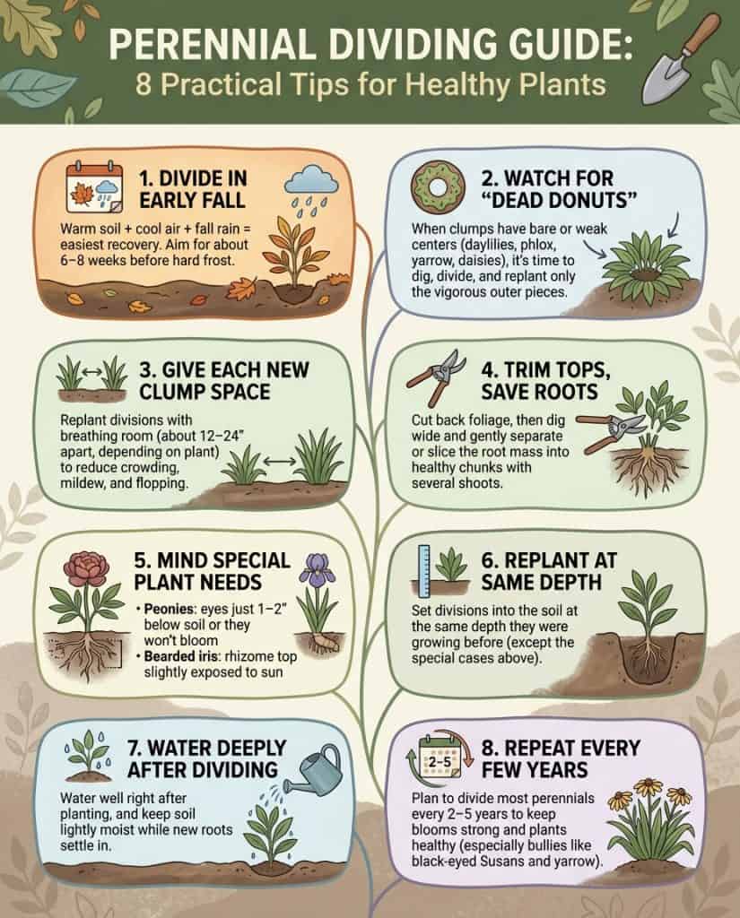 Infographic showing perennial division process with step-by-step visuals for daylilies, hostas, and irises