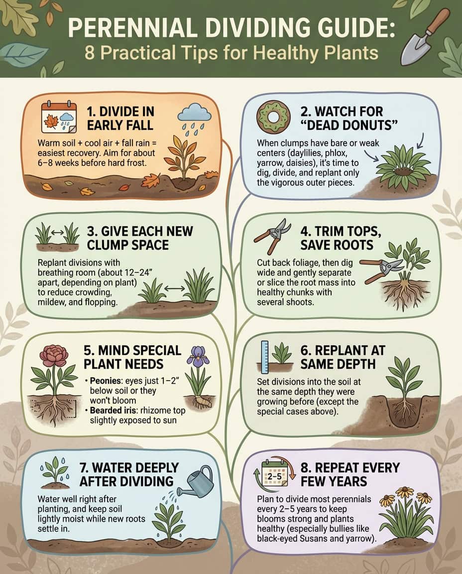Infographic showing perennial division process with step-by-step visuals for daylilies, hostas, and irises