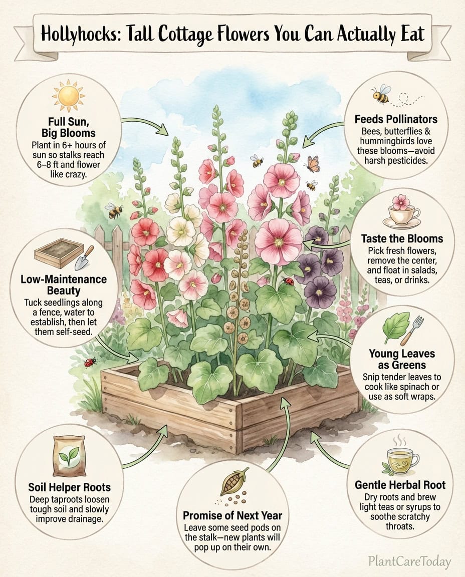 Hollyhock infographic showing edible parts of the plant with illustrated breakdown of uses