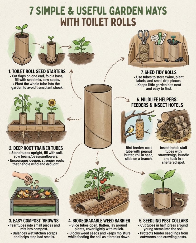 C_10141_D6o3Z_toilet-paper-roll-garden-hack-f1 Infographic displaying seven gardening uses for toilet paper rolls with step-by-step illustrations