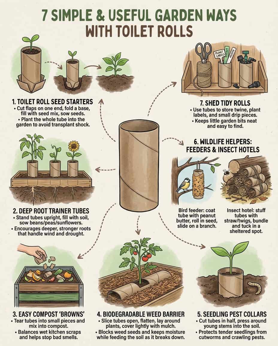 Infographic displaying seven gardening uses for toilet paper rolls with step-by-step illustrations