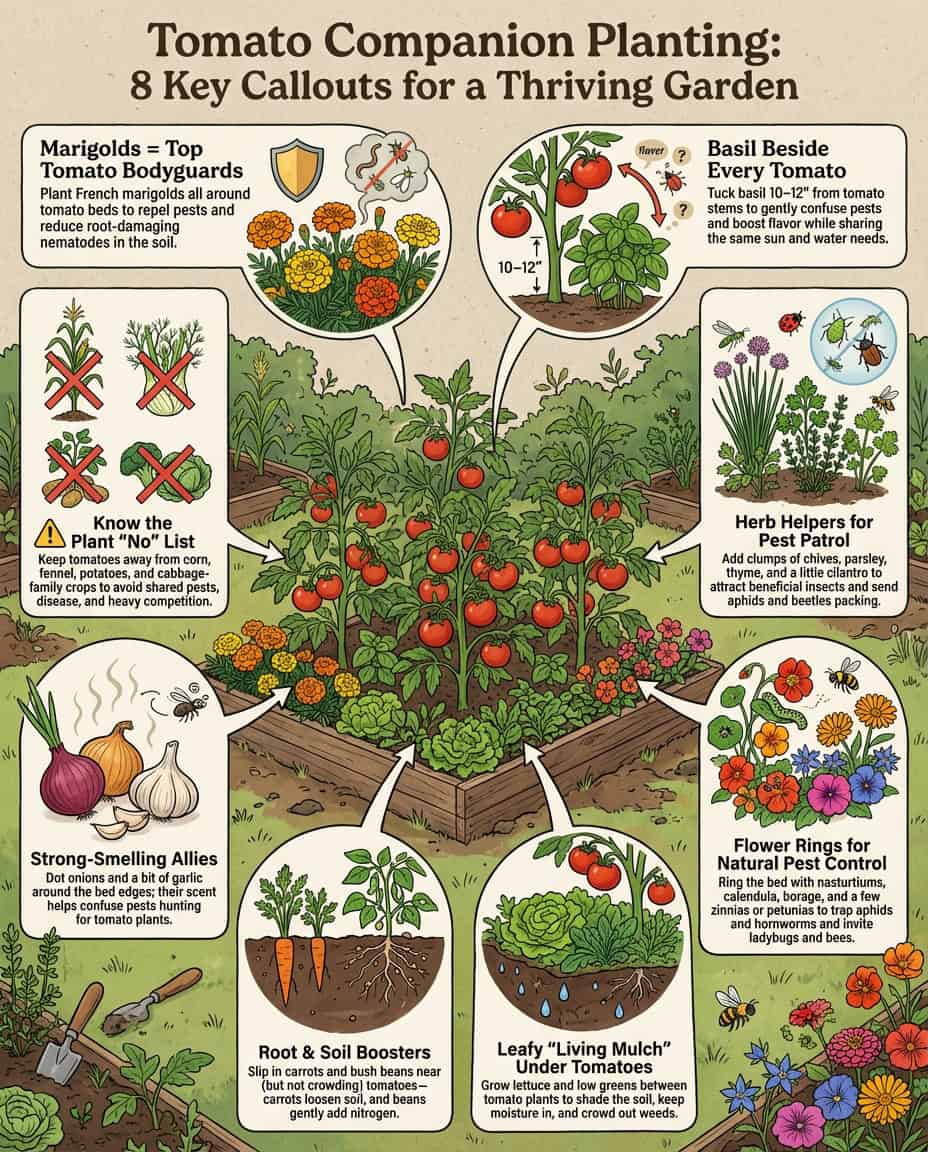 Companion planting infographic showing tomato and marigold pairing with pest control benefits
