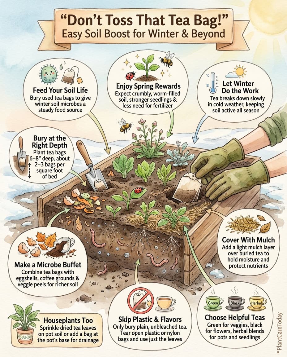 Infographic showing tea bag composting methods for soil improvement with type comparison chart