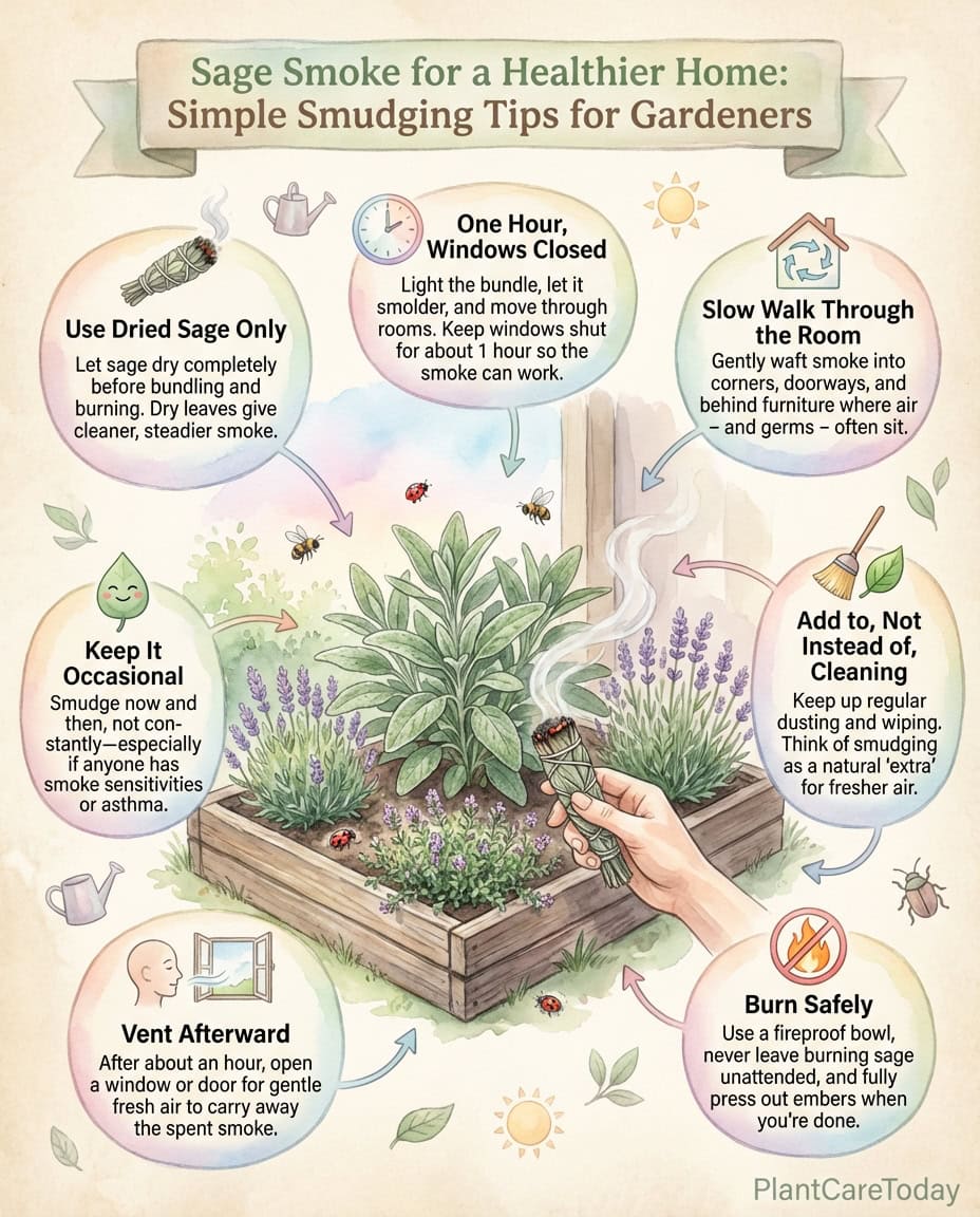 Sage burning infographic displaying air purification benefits with bacteria reduction statistics and timeline