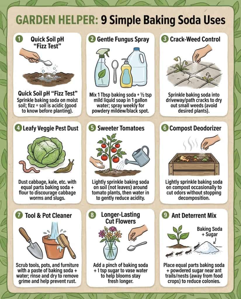 "Infographic displaying baking soda garden uses including pest control, fungicide, and soil testing methods ---"